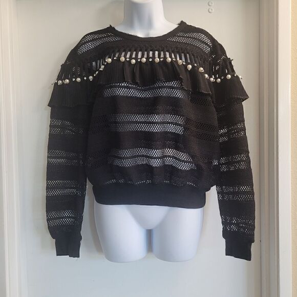 Vintage black ruffle sweater made with mesh, pearls, rhinestones and chiffon - Picture 1 of 5